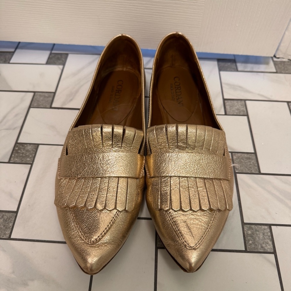 Cordani Gold Leather Loafers Fringe Made in Italy Size 37